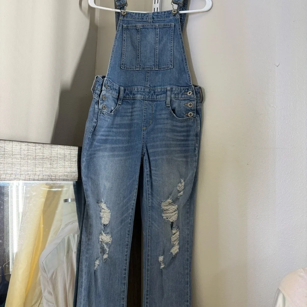 Arizona Jean Company Blue Distressed Denim Overalls